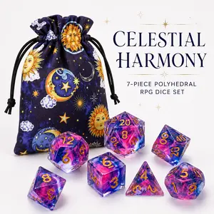 7PCS Celestial Harmony DND Dice Set with Drawstring Bag, Pink Blue Resin Polyhedral RPG Dice for Tabletop Role Playing Games, Board Game Accessories, Collectible Gift