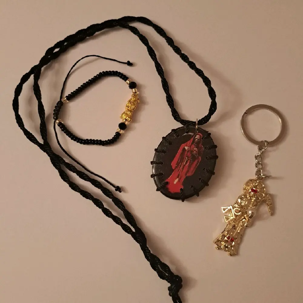 Santa Muerte 3-Piece Unisex Fashion Jewelry Set - Adjustable Necklace, Bracelet, Keychain, Popular Costume Accessory, Gifts for Women, Necklaces for Women, Men's Jewelry