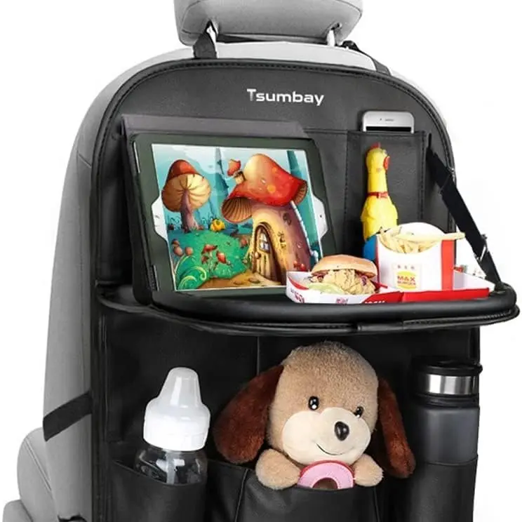Car Backseat Organizer with Tablet Holder,9 Storage Pockets Foldable Table Tray Seat Back Protectors Kick Mats -PU Leather 1Pck, Car Interior Gadget, Cars Accessories