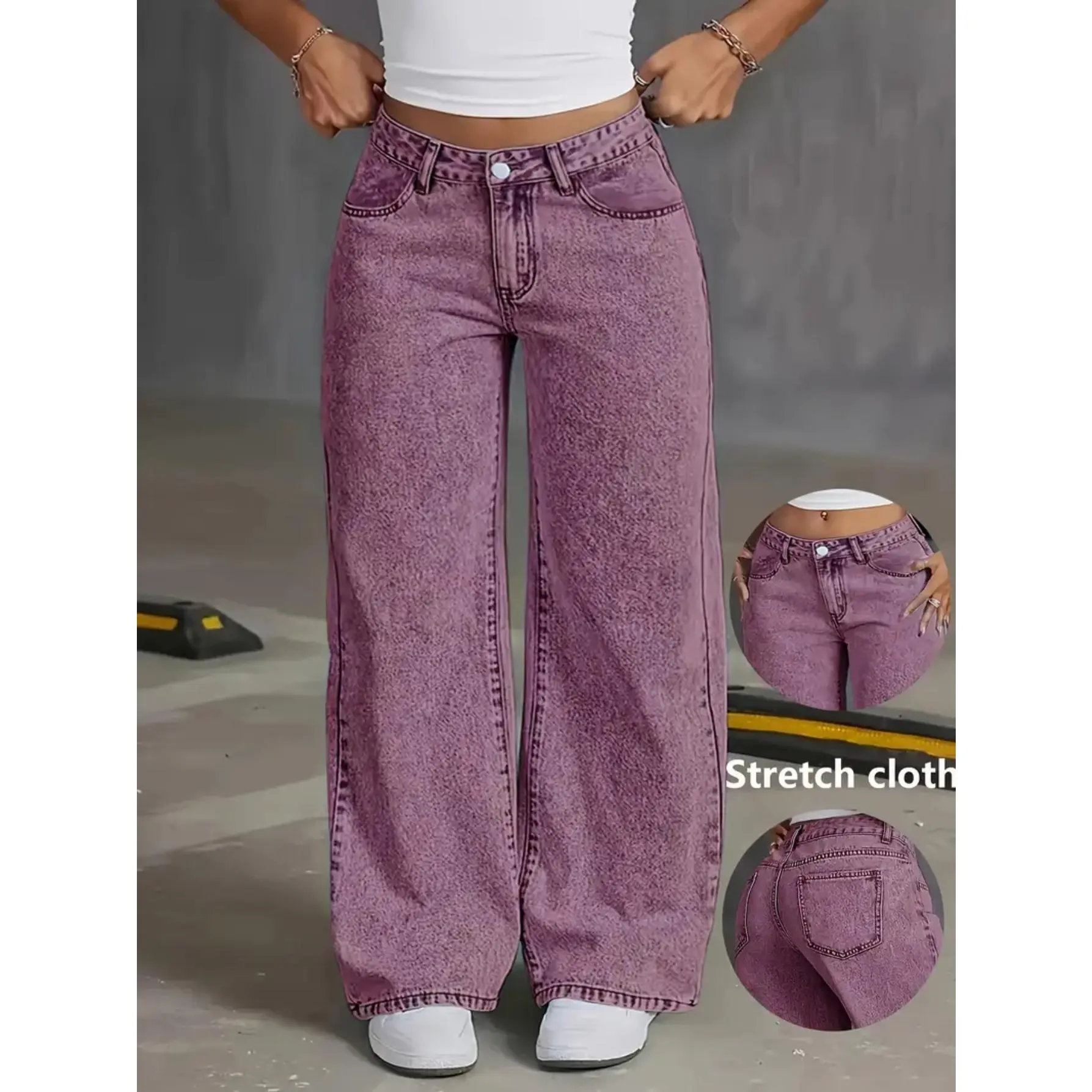 Women's Chic Denim Bottoms, Elegant Loose Fit Pants with a Polyester and Elastane Blend for All-Season Comfort, Pocket, Solid, Cotton, Washed Look, Medium Stretch, All Seasons, Casual, Floor Length, Baggy, Jeans