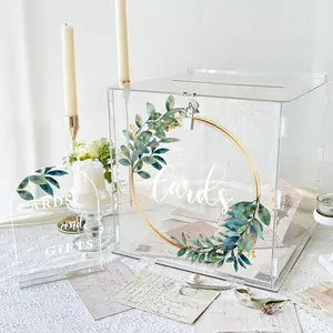 Large Clear Wedding Card Box with Lock & Slot, Thick Acrylic, Eucalyptus Money Gift Card Storage Box for Wedding, Graduation, Birthday, Baby Shower Decorations