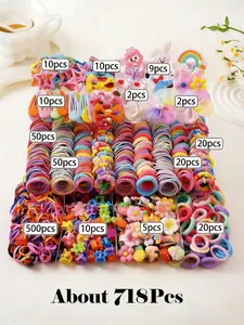 718 pcs/Set Girls' Pink Bowknot Hair Accessories, Cute Princess Hair Clips, Highly Elastic Durable Non-Damaging Hair Ties & Bands, Rabbit Ear Hair Clips, Duckbill Clip Barrettes, Hair Accessories Set for Daily Use
