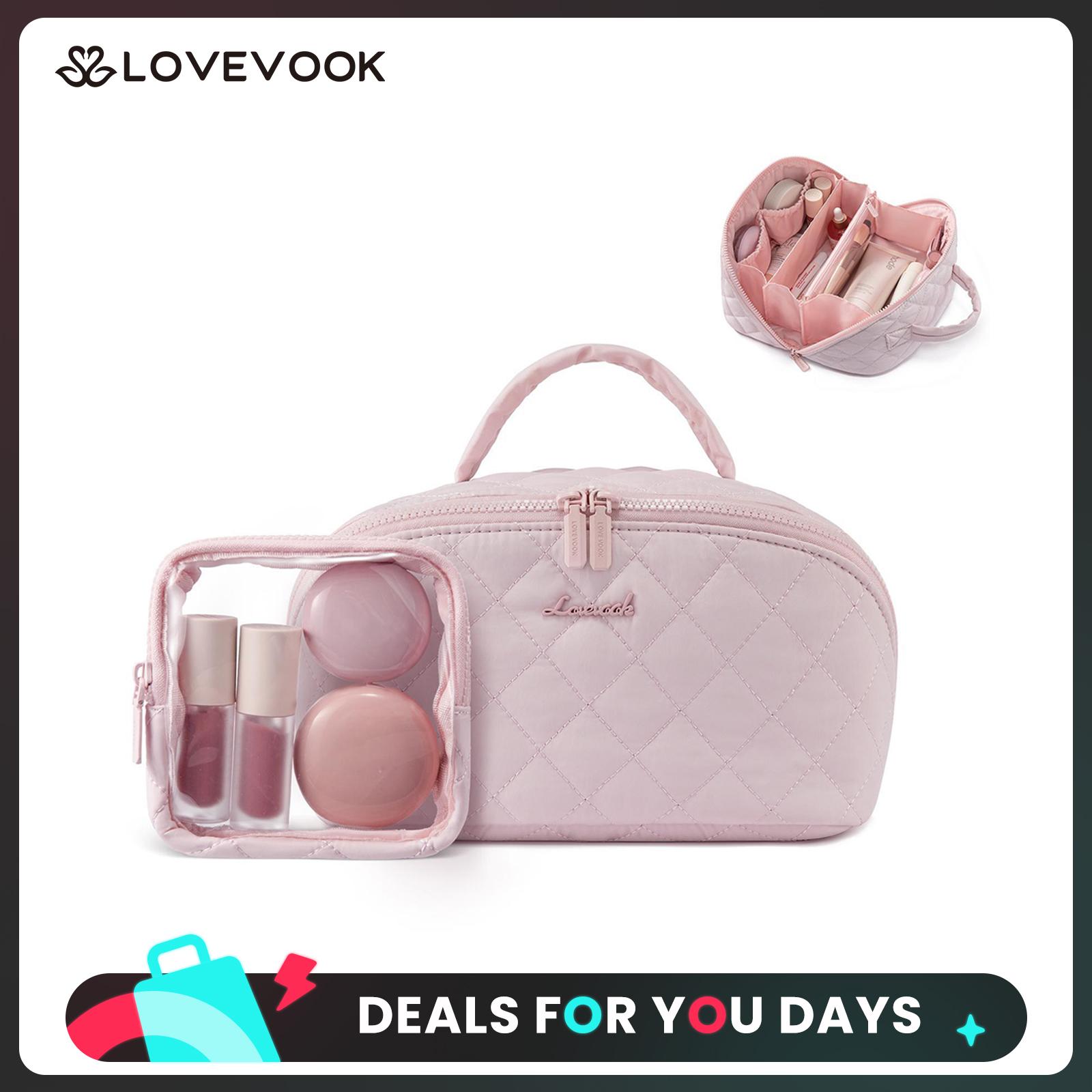 LOVEVOOK Travel Makeup Bag for Women,180° Lay-Flat Puffer Quilted Cosmetic Organizer,Portable Waterproof Toiletry Bag for Woman,Slanted Opening Make Up Bag for Everyday Use,DealsForYouDays
