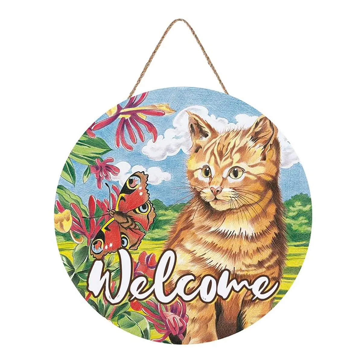 Welcome Cat Sign Cute Wall Art Farmhouse Wreath Porch Hanger for Yard Garden Indoor Outdoor Farm Home Decorations Seasonal Wood Sign Wall Hanger 12 x 12 Inch