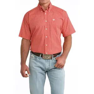 Cinch Men's Red Striped Print Short Sleeve Button-Down Shirt
