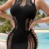 Women's Plain Cut Out Hollow Out Cover Up Dress, Casual Sleeveless Round Neck Fishnet Swimsuit Cover Up Dress for Summer, Ladies Beachwear for Vacation Holiday Beach Outdoor Wear, Clothing, Swimwear Cover Up, Beach Cover Ups, Beachwear Coverups