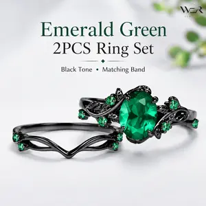 Black Tone Emerald Green Oval Stone Matching Wavy Band Gothic Vintage Style 2PCS Ring Set for Women Romantic Proposal Gift