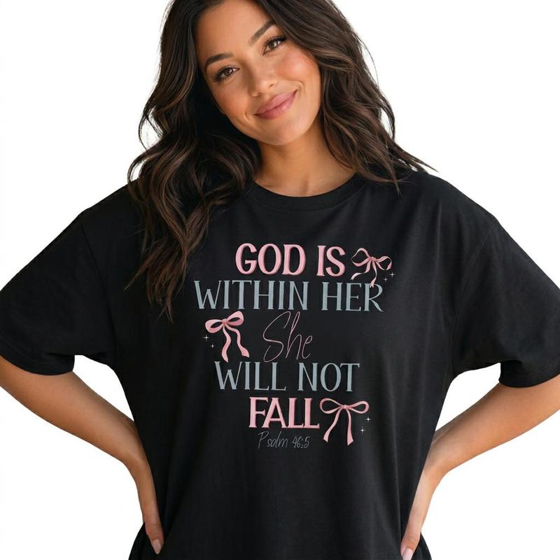 Christian Graphic Tee Women Plus Size God Is Within Her Coquette Bow Faith Shirt