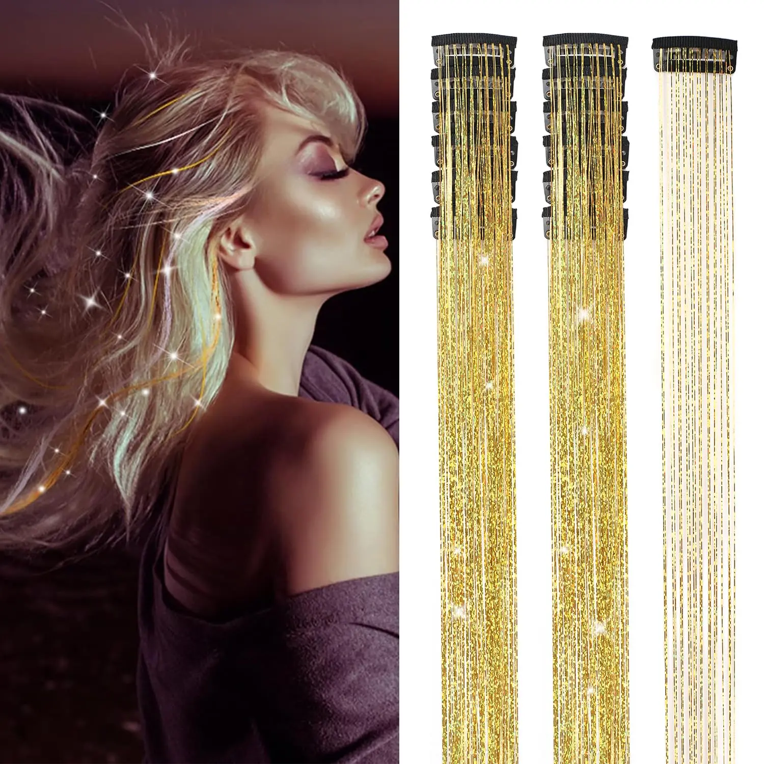 Hair Tinsel 12 count Clip in Hair Tinsel Kit for Girls 20.5 Inch Glitter Shiny Sparkly Fairy Tinsel Hair Extensions Heat Resistant Party Festival Accessories for Women  ()