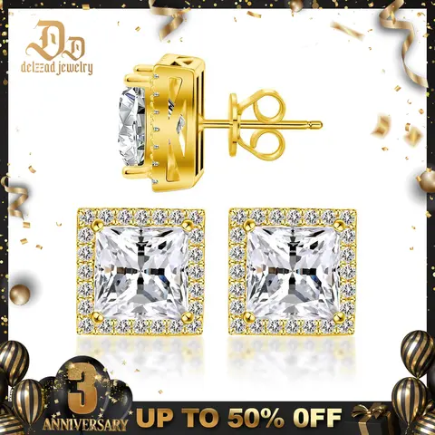 Delzzad S925 Princess Halo Stud Earrings Lab-Created Moissanite Stud Earring Moissanite Jewelry Perfect Christmas Gift for Men Women