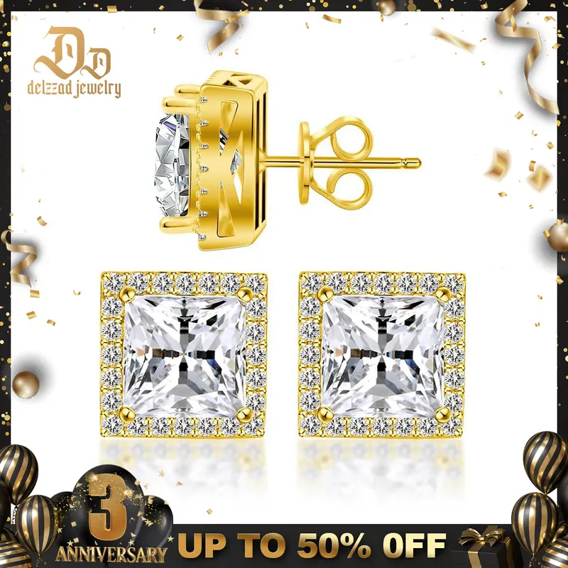 Delzzad S925 Princess Halo Stud Earrings Lab-Created Moissanite Stud Earring Moissanite Jewelry Perfect Christmas Gift for Men Women