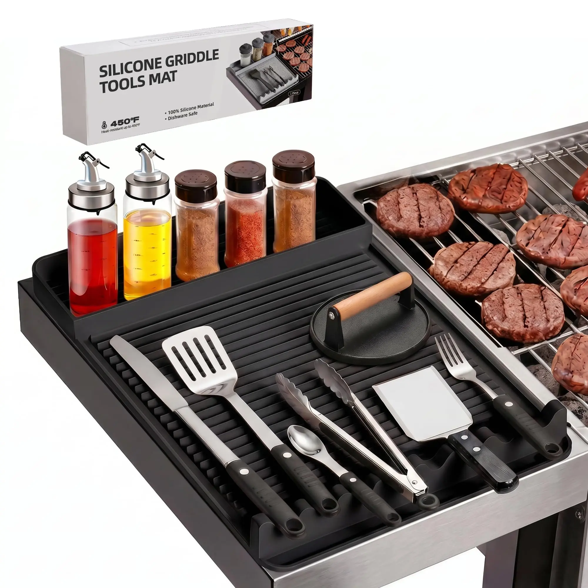 Silicone Grill Mat for Blackstone Griddles & Outdoor Grills - Heat Resistant (450°F) Countertop Protector, Non-Slip Tool Organizer & Grease Catcher, 16x11.5 Inch