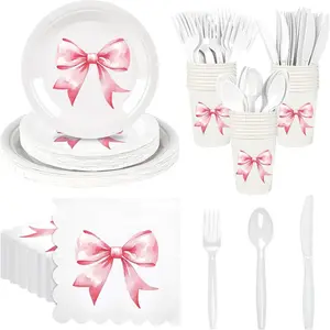 175pcs Pink Bow Party Supplies, Conquette Cute Supplies Bachelorette Decorations Tableware Set Include Pink Bow Paper Plates Cocktail Napkins Cups and Cutlery for Girls Party Engagement  Shower
