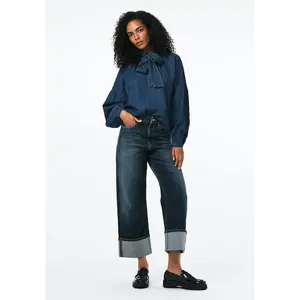 Carissa Women's Puff Sleeve Tie Neck Denim Shirt, Dark Denim - WT0208