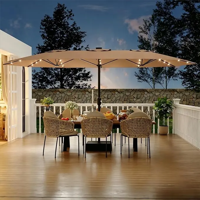 Garvee 15 ft Extra Large Rectangular Patio Umbrella with Stand, 177 x 106 in, LED Lighted Market Parasol with Crank, UV Protection & Windproof Design, Easy Assembly for Outdoor Patio, Garden & Backyard (Base Included)