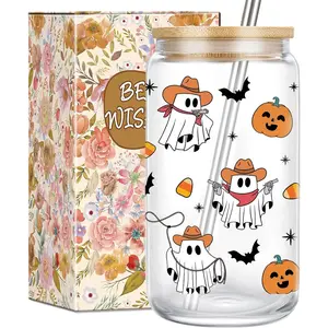 Cowboy Ghost Cup, Spooky Halloween Gifts for Women, Men,Funny Western Cowgirl Tumbler,16 oz Spooky Coffee Glass Cups w/ Straws, Halloween Gifts,Boo Basket Stuffers for Adults