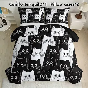 3-piece Cute Cartoon Cat Bedding Set - Soft, Lightweight, Breathable Bedding with 200gcm Quilted Filler, Includes 1 Quilt and 2 Pillowcases (excluding Pillow Core) Suitable for Bedrooms, Dormitories, Gifts
