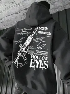 Men's Casual Solid Color Hoodie, Regular Fit Streetwear Long Sleeve Pullover with Drawstring Pockets, Geometric Pattern Print