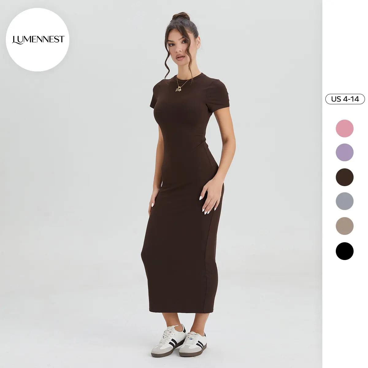 LUMENNEST Women's Basic Solid Color Round Neck Short Sleeve Slinky Maxi Dress, Lightweight Casual Wear, Minimalist Womenswear, Summer Sundress