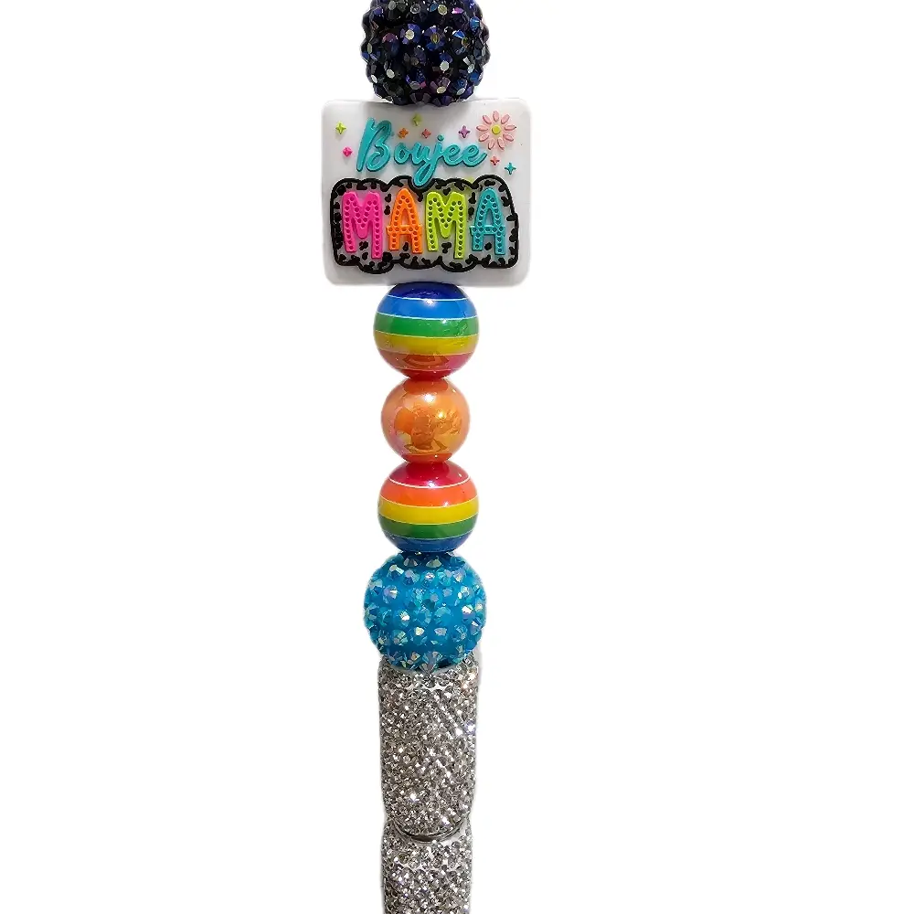 Boujee Mama Rhinestone and Rainbow Beaded Pen with Extension Bar - Sparkling Beads & Glitter Grip for Stylish Writing
