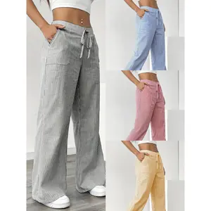 New striped long pants, casual and versatile, street fashion, loose wide-leg for women