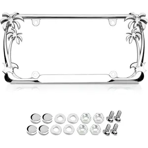 Premium 3D Palm Tree Chrome License Plate Frame with 4 Silver Screw Caps, Street Legal Universal Fit for Cars & Trucks, Heavy Duty Rust-Free Zinc Palm Trees Chrome License Plate Frame for Women & Men