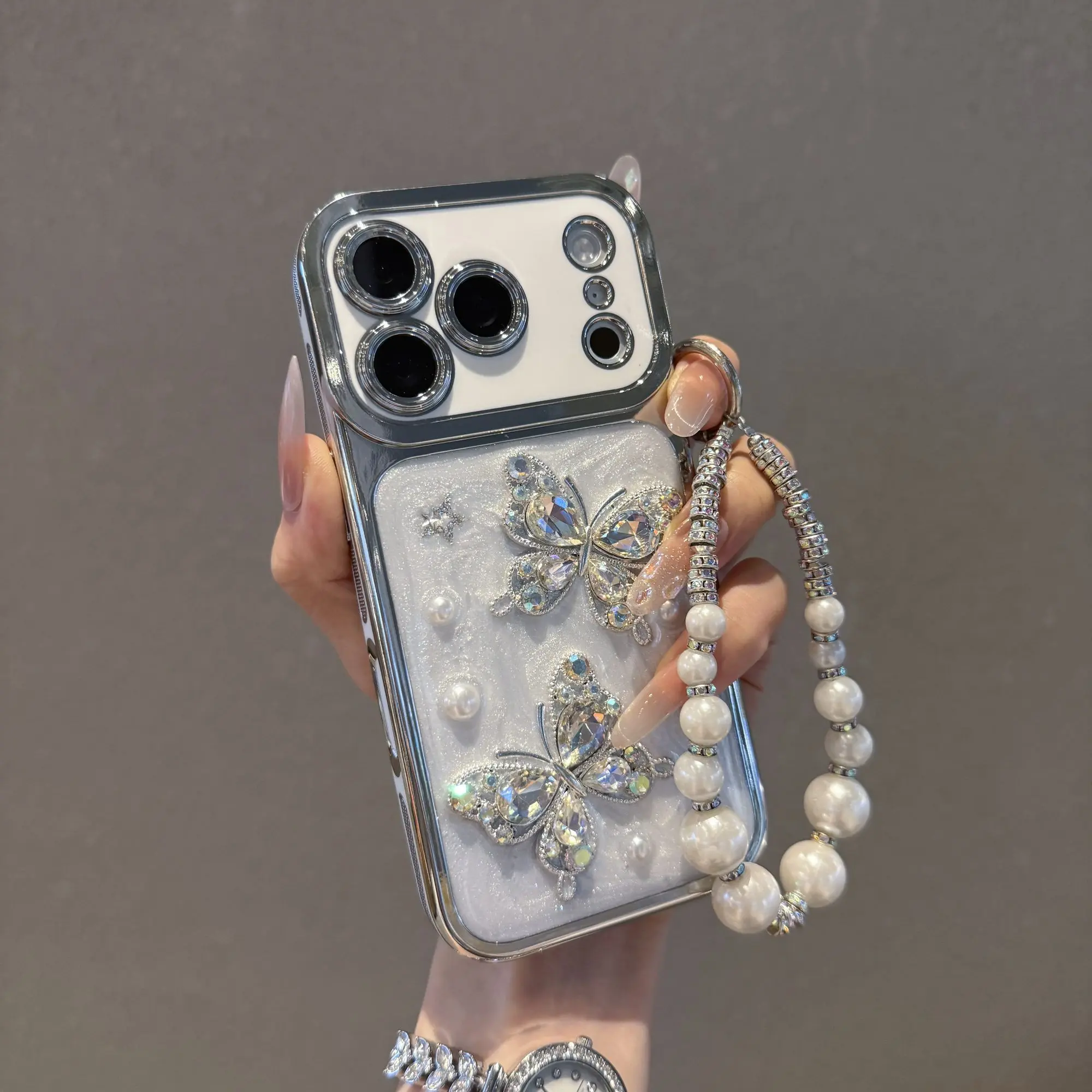 Women's 3D Pearl-Crystal Butterfly Phone Case - Protective Casing Accessory for iPhone 17 Pro Max,16,15,14,13 - Stylish Cover for Handheld Outdoor Use, Butterflies