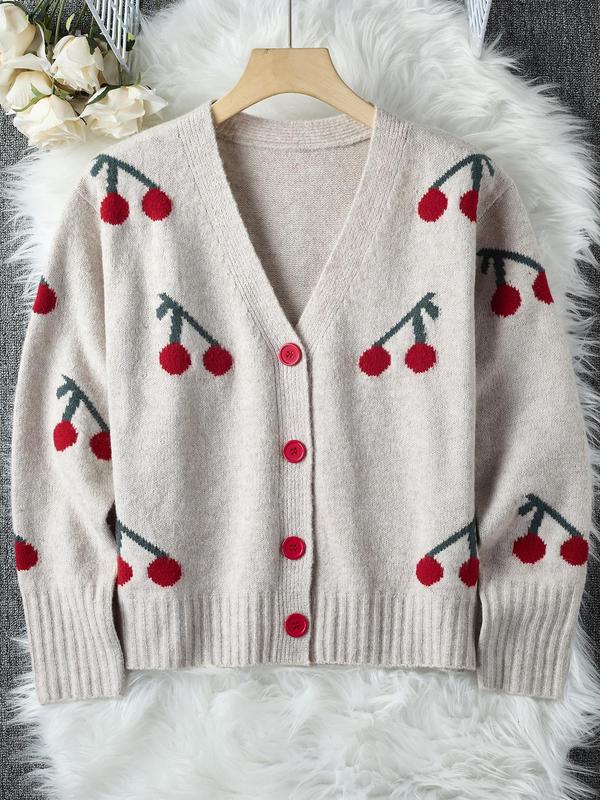Women's Cherry Pattern Button Front Knitting Longsleeves Cardigans, Casual Elegant Long Sleeve Sweater Cardigan for Fall & Winter, Women's Knit Clothing for Daily Wear, Cardigan for Women, Women's Cardigan, Womenswear, Knitwear,Clothe Knitted Outfit Tops