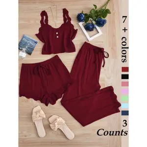 Women's Sleepwear Set, Three-Piece Round Neck Lace Trim Pajamas, Soft Breathable Comfort Casual Home Wear, Tank Top Shorts Long Pants