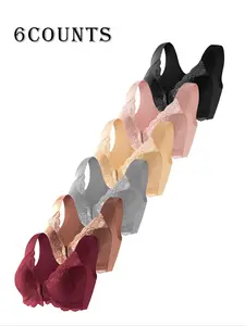 Women's Lace Bralette Set, Lightweight Front Buckle Design, Full Coverage, Fitted, Casual Style, All Seasons Everyday Wear, 6 Pieces, Plain Pattern