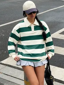 Women's Fashion Striped Colorblock Loose Polo Neck Knit Shirt, Trendy Simple Casual Preppy Style, Daily Wear Spring Autumn Long Sleeve Top