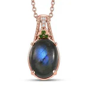 Premium  Labradorite and Multi Gemstone 5.60 ctw Pendant in 18K Rose Gold Plated with ION Plated Rose Gold Stainless Steel Necklace 20 Inches