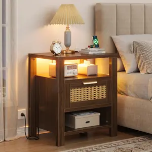 Vividwood LED Nightstand with Charging Station, 21.7" W Modern Nights tand with 2 Storage Drawers & Open Shelf, Wood Bedside Table End Table for Bedroom (1, Walnut)