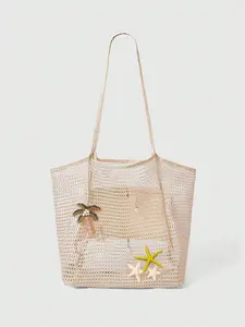 Casual style simple and versatile mesh shoulder bag with hollowed out mesh texture, adorned with coconut trees and starfish, long shoulder straps, light apricot color scheme, a must-have for daily commuting on the street, Casual commuter bag
