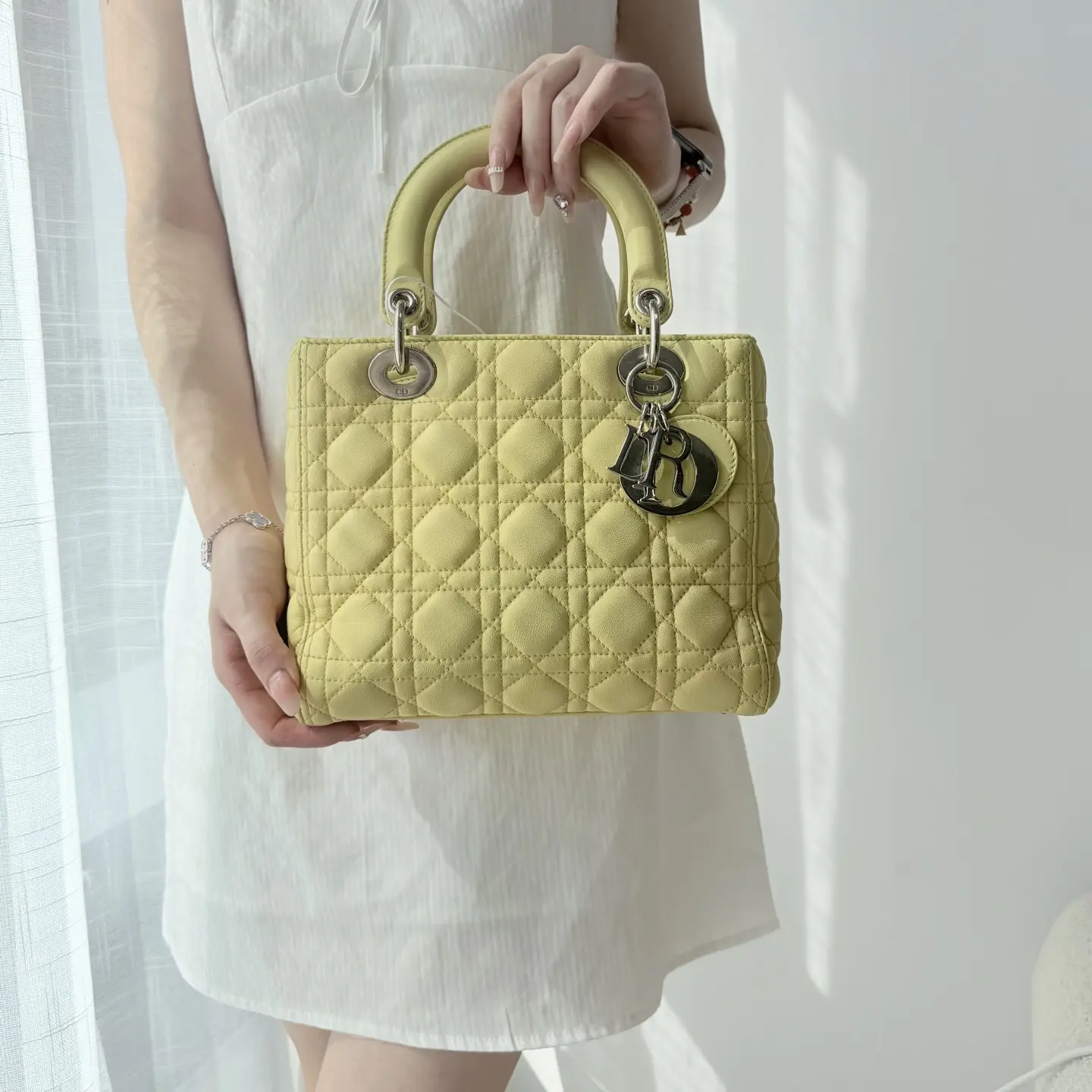 Pre-owned Dior Mini Lady Cannage Quilted Handbag+Pastel Yellow+Luxury Bag | 11061
