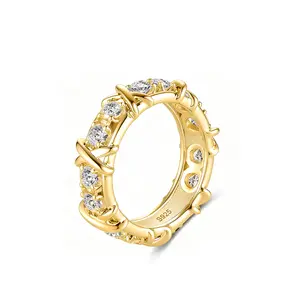 Sterling Silver Eternity Ring for Women, 14K Gold Plated Pavé Diamond Stackable Ring, X-Link Band Ring Sizes 5/6/7/8/9, Everyday Wear Wedding Band, Promise Anniversary Jewelry Gift for Her