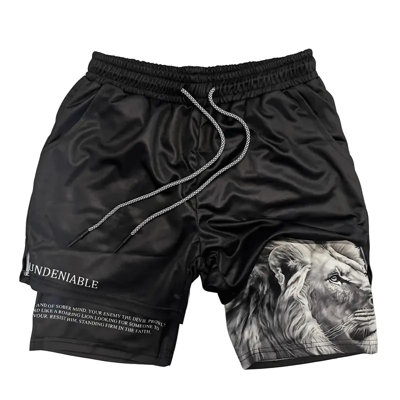 Men's Du Lion Pierre 5:8 Double Layer Polyester Athletic Shorts - Breathable Running, Fitness Shorts, Above the Knee, Stay-Put Drawstring Waistband, Machine Washable, Easy Care for Summer Beach, Workout