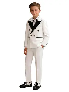 Boys Contrast Lapel Double-Breasted 3-Piece Suit Set  | Blazer + Elastic Waist Pants + Bow Tie | Red/White/Black Available | Non-Restrictive | Perfect for Weddings, Ring Bearer, Birthdays, Performances & All Formal Occasions (No Shirt Included)-XT8813