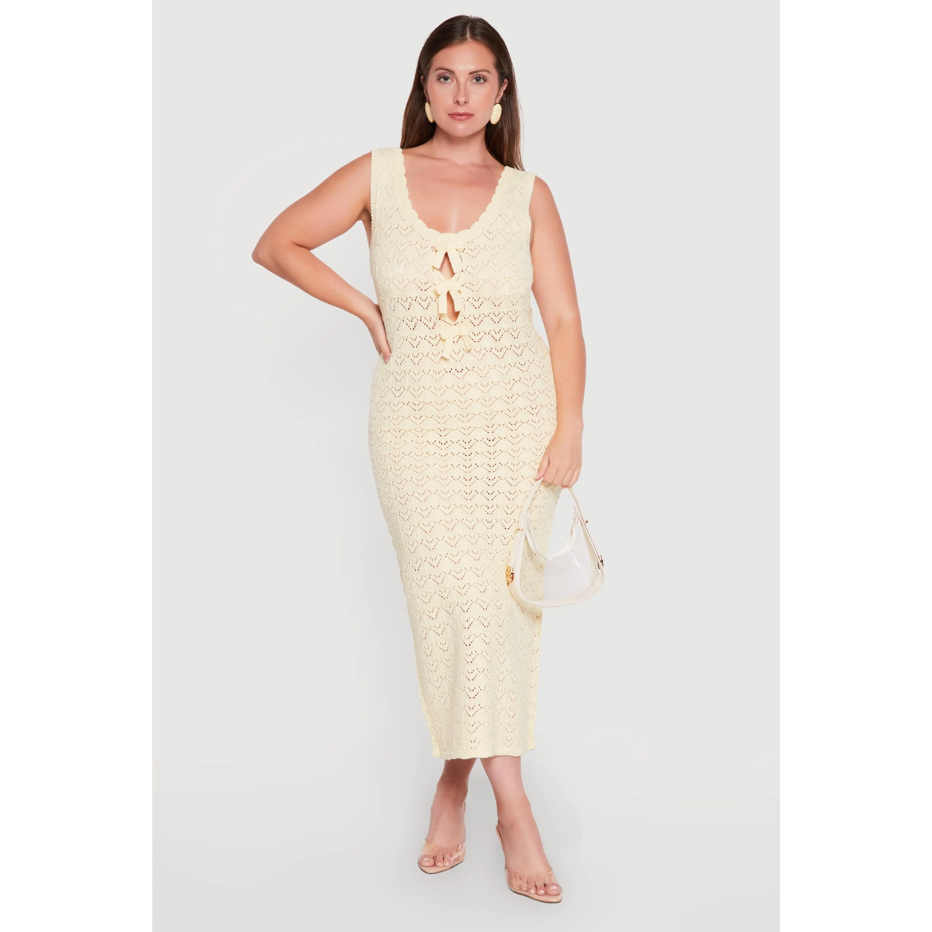Plus Size Pointelle Knit Keyhole Bow Detail Midi Dress