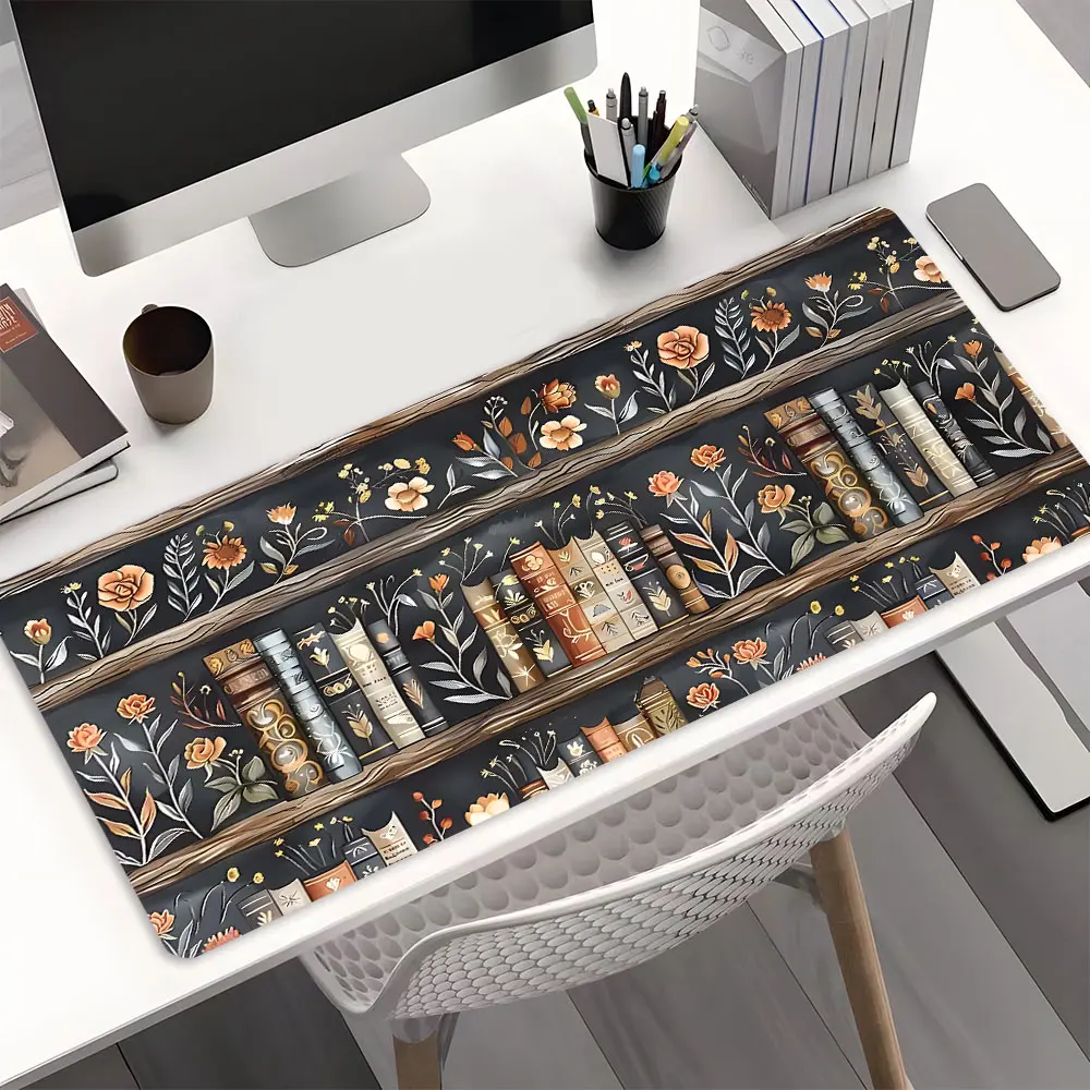 Vintage Bookshelf Floral Large Gaming Mouse Pad,Aesthetic Desktop Drotection Pad,Washable Rubber Pad Non-Slip Lock Edge Multi-Size Mouse Pad Suitable For Home Office,Desk Accessories, Computer Accessories For Desk