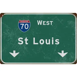 Tin Sign Vintage West St. Louis Interstate 70 Direction Signage Sign Bar Club Restaurant People Cave Wall Decoration 12x8 Inches