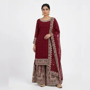 Indian Sharara for Party - Red Traditional Dress with Intricate Embroidery and Matching Skirt Set Womenswear Workwear Formal