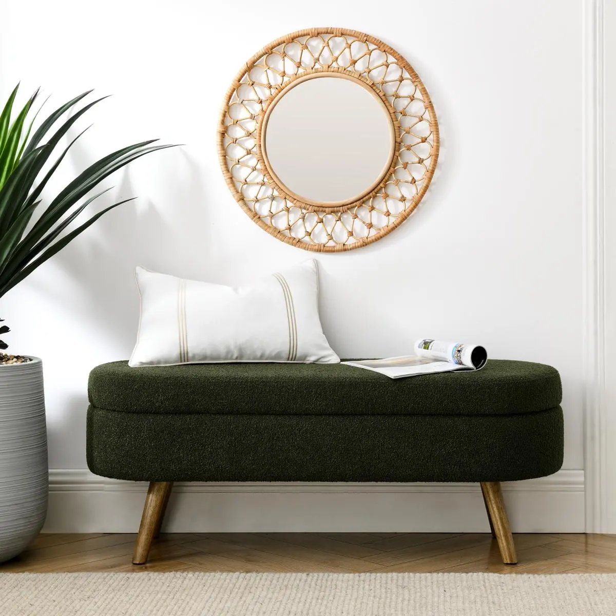 43.5" Oval Storage Ottoman Bench, Pleated Fabric Upholstered Storage Footstool with Rubber Wood Legs, Green Multifunctional Seat for Living Room Entryway Bedroom