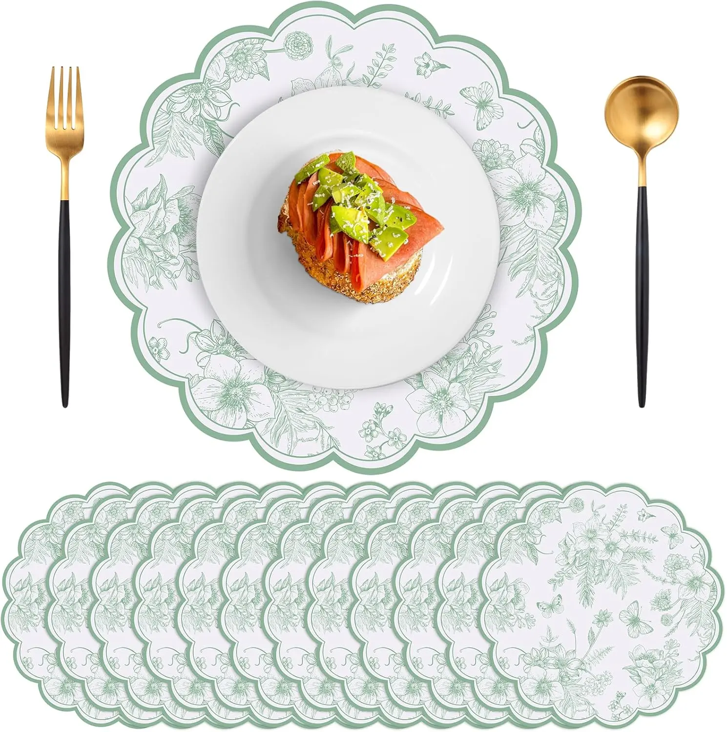 60 count Sage Green Floral Paper Placemat, 13.5 Inch Disposable Scalloped Table Mats Wedding Placemats, Floral Banquet Place Mats for Table Setting Wedding Bridal  Party Wildflower Party Decor
