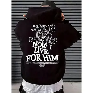 Men's JESUS DIED FOR ME NOW I LIVE FOR HIM Graphic Hoodie - Cotton Blend Black Long Sleeve Pullover Regular Fit | Soft & Breathable Fabric, Durable Print, Everyday Comfort, Machine Washable, casual urban streetwear urban outdoor