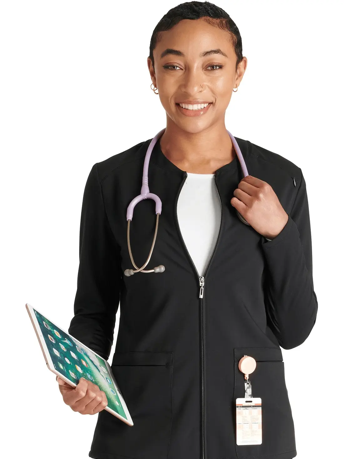 CK ATMOS Women's Zip Front Scrub Jacket - Modern Classic Fit, Stand-Up Collar, Eco-Conscious Stretch Fabric, Knit Panels, Front Yoke Seams, Box Pleat, 2 Front Pockets