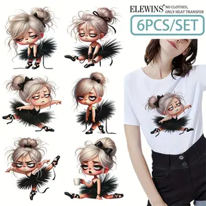 6-piece Ballerina Iron-on Patch Set featuring ballet skirts and dance poses - Heat transfer decals for T-shirts, backpacks, clothing, pillowcases DIY craft materials.