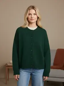 Women's Vintage Knit Cardigan with Rolled Hem, Simple Solid Color Knitwear for Autumn and Winter, Stylish Casual Outerwear