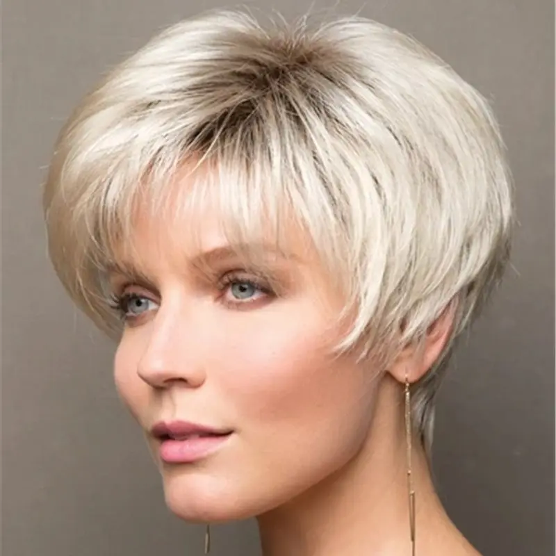 Synthetic Wig for Women, Short Straight Cut with Side Bangs in Mixed Colors, Realistic Hairpiece for Alopecia & Thinning Hair, Adjustable for Daily Wear, Synthetic Hair, Elderly, Natural Straight, Chemotherapy Related Hair Loss