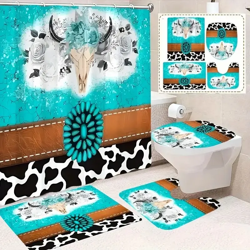 4pcs blue bull skull print, exquisite shower curtain set, non-slip floor mat, U-shaped carpet, toilet cover, perfect for bathroom decoration, partition, beautify the space, 12 shower curtain hooks are given
